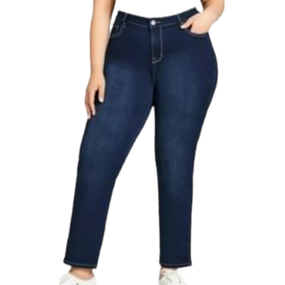 AVENUE DENIM Butter Straight Leg 5 Pocket Knit Denim Button Blue Jeans 30 NWT